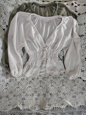 ASOS Light Blush Drawstring Smocked-Waist V-Neck Blouse
